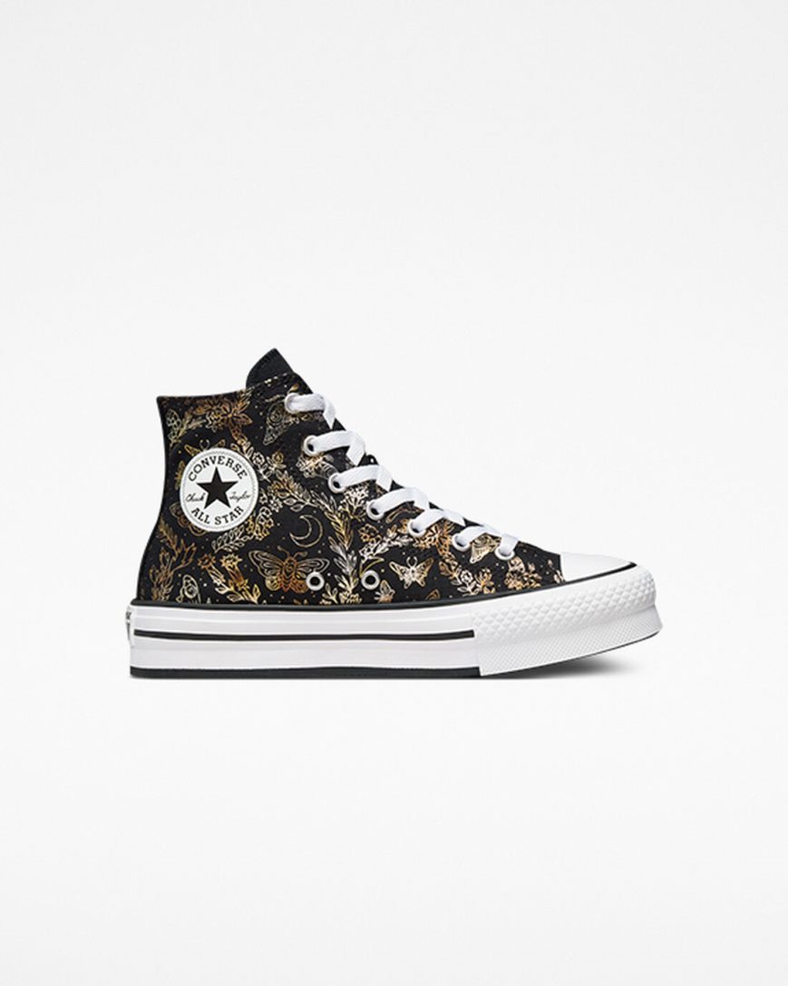 Dívčí Boty Na Platformy Converse Chuck Taylor All Star EVA Lift Butterfly Shine Vysoké Černé Zlaté Bílé | CZ XCOY76